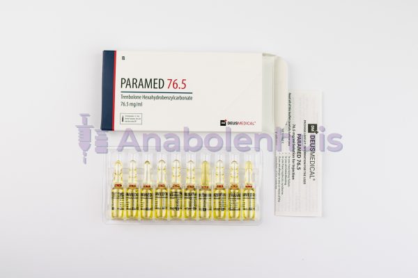 PARAMED 76,5 van Deus Medical, bevat 76,5 mg Parabolan per ml, een krachtige anabole steroïde gebruikt voor spieropbouw en vetverbranding.