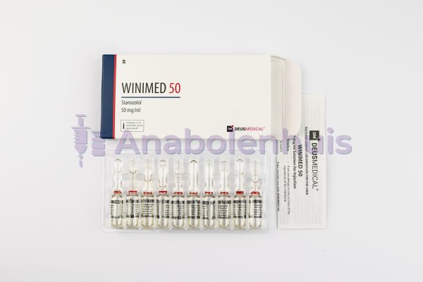 WINIMED 50 van Deus Medical, bevat 50 mg Stanozolol per ml, een anabole steroïde die helpt bij spierversterking en vetverlies