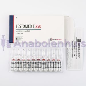 TESTOMED E 250 van Deus Medical, bevat 250 mg Testosteron Enanthaat per ml, 10 ml flacon. Bevordert spiergroei en krachttoename