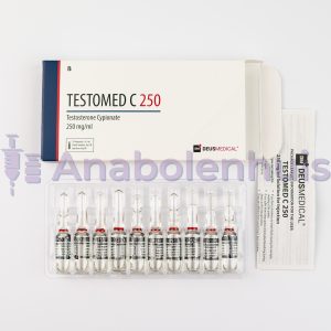 TESTOMED C 250 van Deus Medical, 250 mg Testosteron-Cypionaat per ml, 10 ml flacon. Langwerkende testosteroninjectie voor spieropbouw en prestatieverbetering.