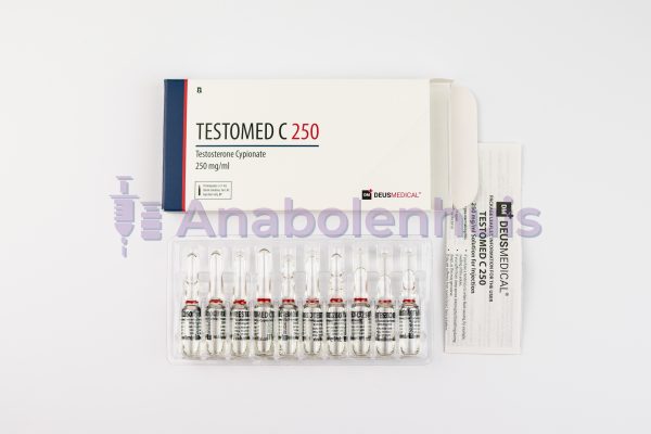 TESTOMED C 250 van Deus Medical, 250 mg Testosteron-Cypionaat per ml, 10 ml flacon. Langwerkende testosteroninjectie voor spieropbouw en prestatieverbetering.